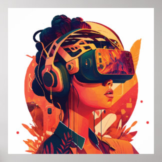 Affiche Mondes virtuels : femme portant un casque VR