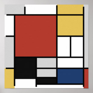 Affiche Mondrian Peinture Rouge Plane Jaune Noir Gris Bleu