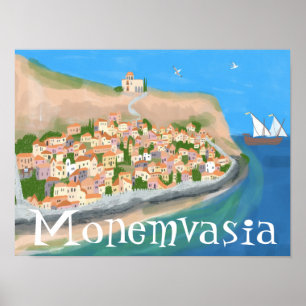 Affiche MONEMVASIA GRÈCE Ile Art Voyage Illustration