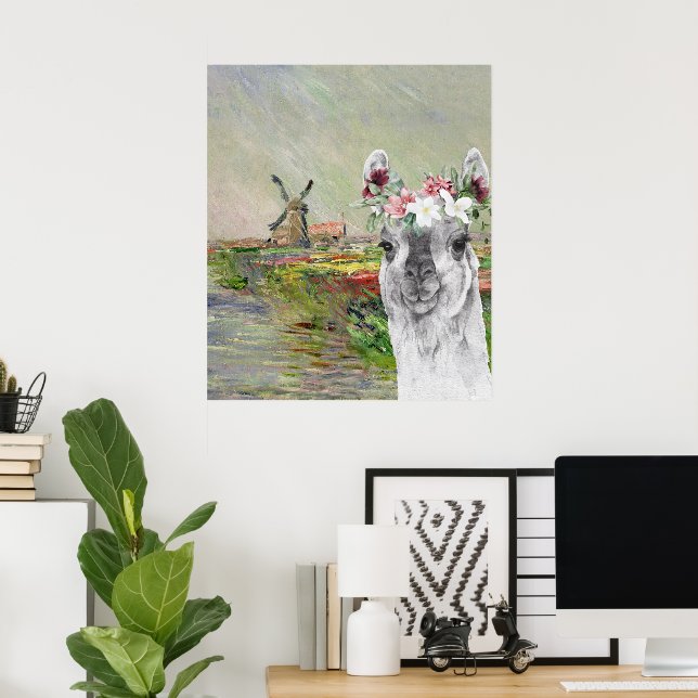 Affiche Monet Champ Tulipes et Fancy Llama (Bureau à domicile)