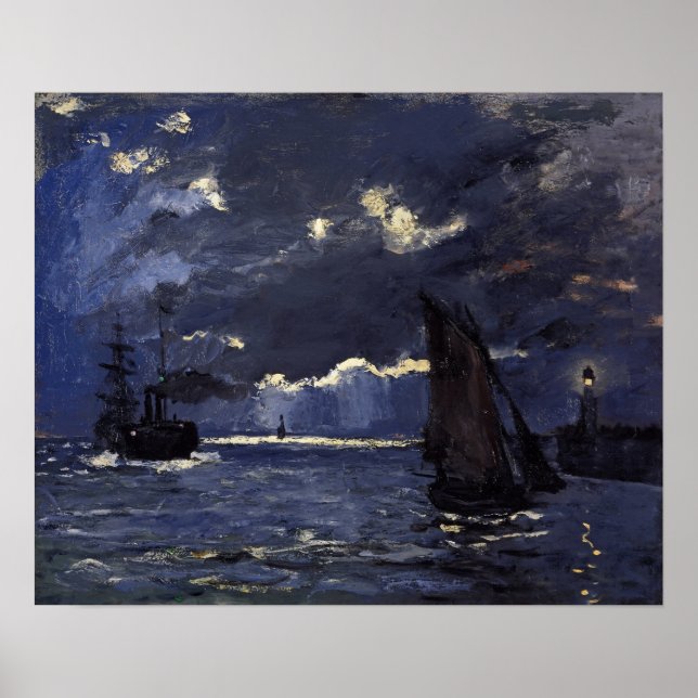 Affiche Monet - Un paysage marin avec navires au clair de  (Devant)