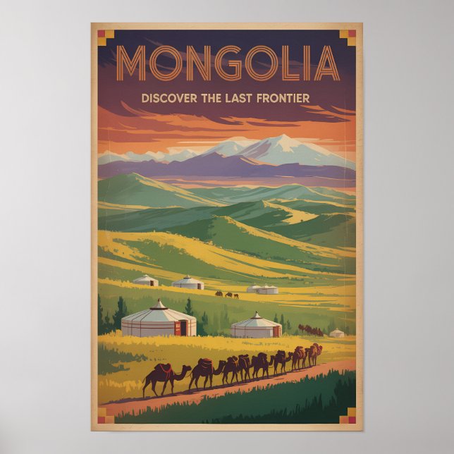 Affiche Mongolie Chameaux Yourte Illustration Art de Voyag (Devant)
