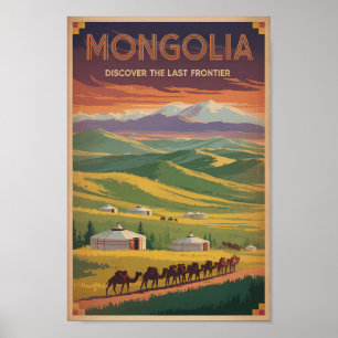 Affiche Mongolie Chameaux Yourte Illustration Art de Voyag