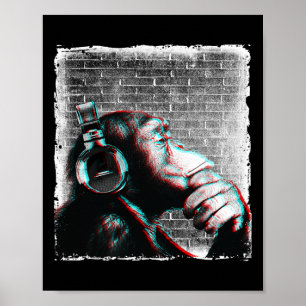 Affiche Monkey Chimp Avec Casque Chemise - Edm Dj Music