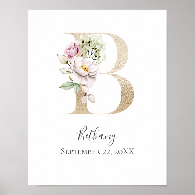 Affiche Monogram B Pink White Floral Gold Letter Nursery   (Devant)