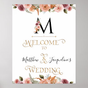 Affiche Monogram Gold Floral Calligraphie Bienvenue Mariag