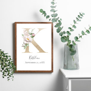 Affiche Monogram K Pink White Floral Gold Letter Nursery