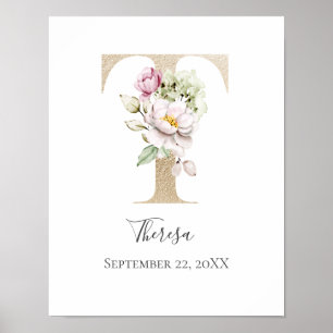Affiche Monogram T Pink White Floral Gold Letter Nursery