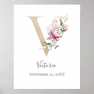 Affiche Monogram V Pink White Floral Gold Letter Nursery