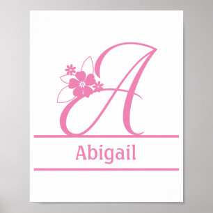 Affiche Monogramme A, Lettre A, Initiale A, Floral Rose Bl