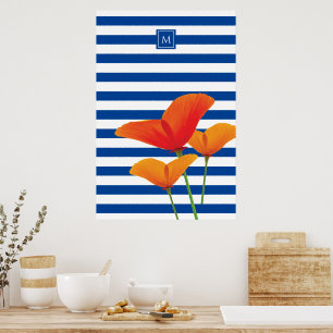 Affiche Monogramme à rayures bleu chic