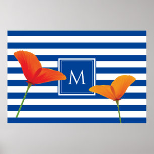 Affiche Monogramme à rayures bleu chic