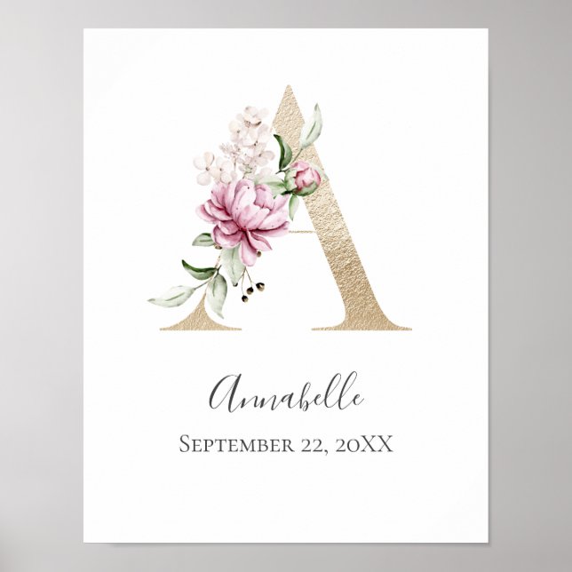 Affiche Monogramme A Rose Blanc Floral Lettre Dorée Nurser (Devant)