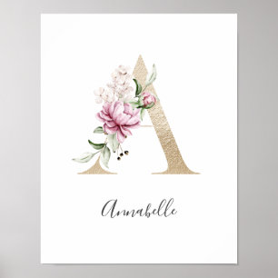 Affiche Monogramme A Rose Blanc Floral Lettre Dorée Nurser