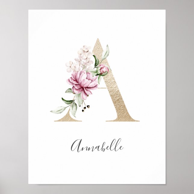 Affiche Monogramme A Rose Blanc Floral Lettre Dorée Nurser (Devant)