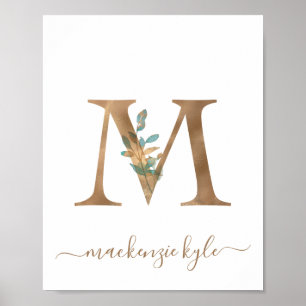 Affiche Monogramme aquarelle floral lettre M or