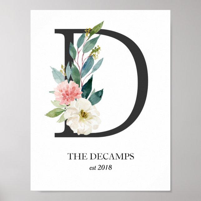 Affiche Monogramme Art Print, Lettre D, Mariage, Pépinière (Devant)