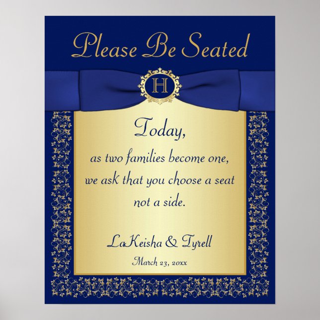 Affiche Monogramme bleu, or Floral Mariage signe pour l'ég (Devant)