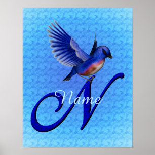 Affiche Monogramme Bluebird Initiale N Personnalisé