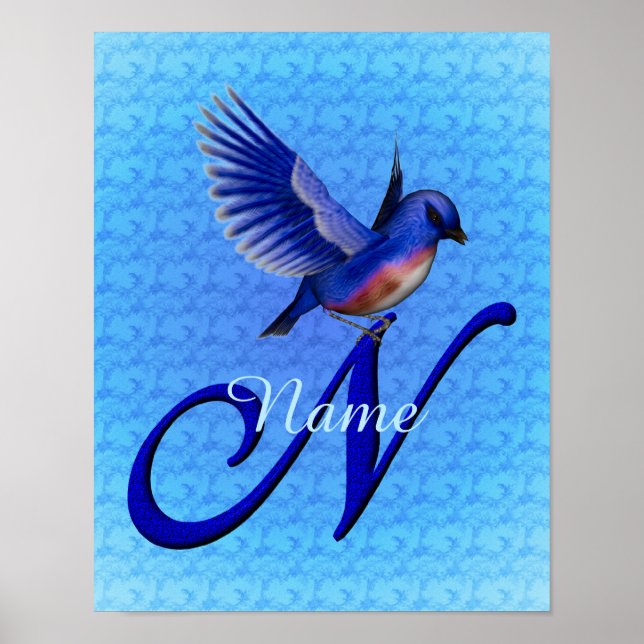 Affiche Monogramme Bluebird Initiale N Personnalisé (Devant)
