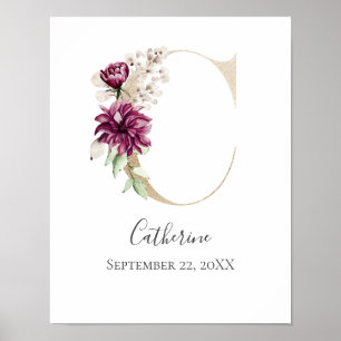Affiche Monogramme C Rose Blanc Floral Lettre Dorée Nurser