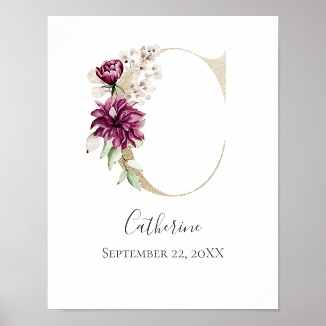Affiche Monogramme C Rose Blanc Floral Lettre Dorée Nurser (Devant)