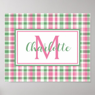 Affiche Monogramme carreaux rose et vert Prépa