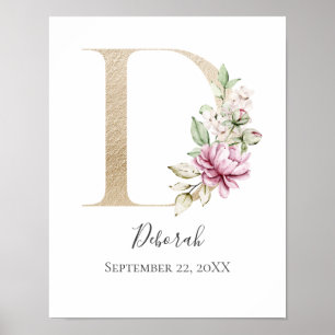 Affiche Monogramme D Rose Blanc Floral Lettre Orée Nurseri