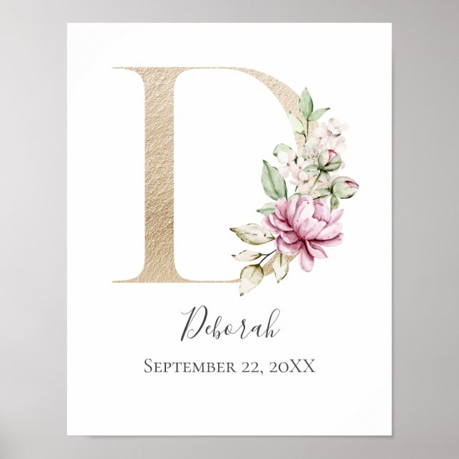 Affiche Monogramme D Rose Blanc Floral Lettre Orée Nurseri (Devant)