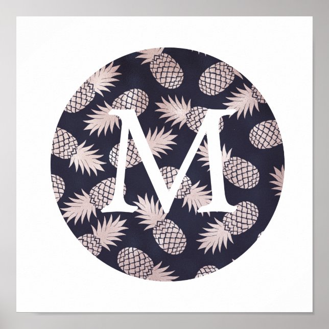 Affiche monogramme d'ananas rose d'or à fausse feuille mig (Devant)