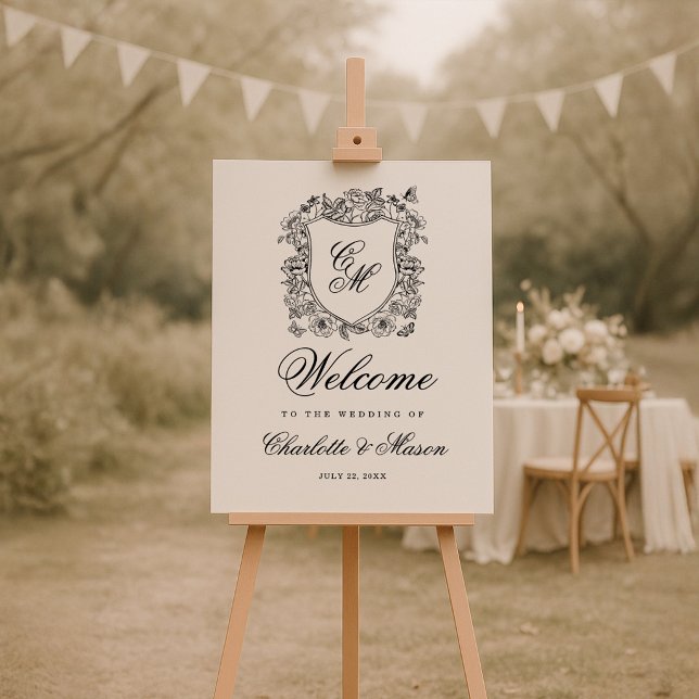 Affiche Monogramme de bienvenue de mariage à armoiries flo (Créateur téléchargé)