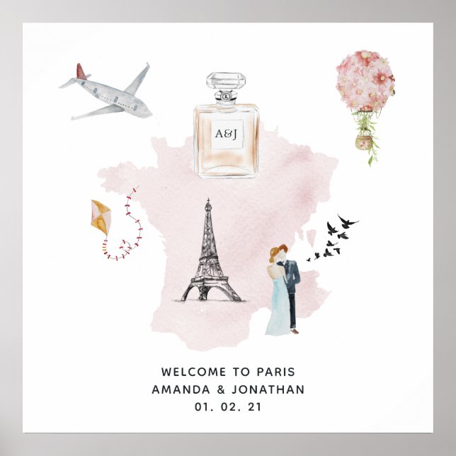 Affiche Monogramme de bienvenue de mariage à thème Paris a (Devant)