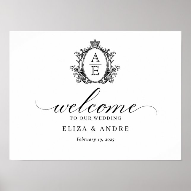 Affiche Monogramme de la crête royale Mariage noir et blan (Devant)