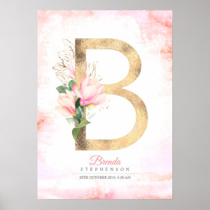 Affiche Monogramme de lettre B feuilles dorées fleurs de m