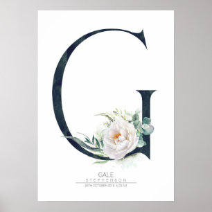 Affiche Monogramme de lettre G Fleurs blanches et feuillag