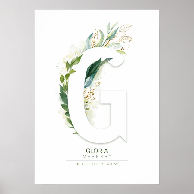 Affiche Monogramme de lettre G or feuillage verdure Chic (Devant)