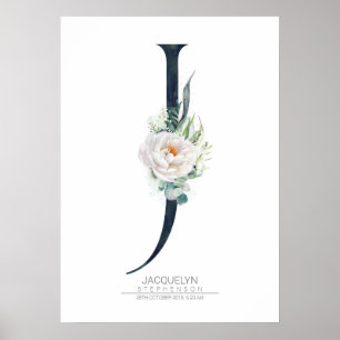 Affiche Monogramme de lettre J Fleurs blanches et feuillag