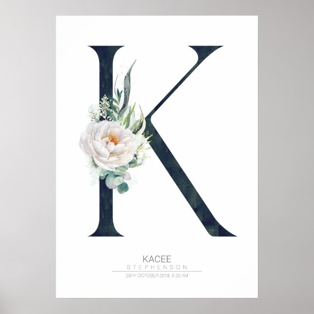 Affiche Monogramme de lettre K Fleurs blanches et feuillag (Devant)