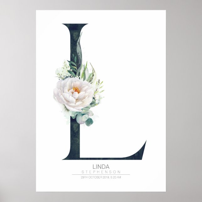 Affiche Monogramme de lettre L Fleurs blanches et feuillag (Devant)