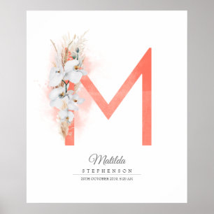 Affiche Monogramme de lettre M Orchidées blanches et herbe