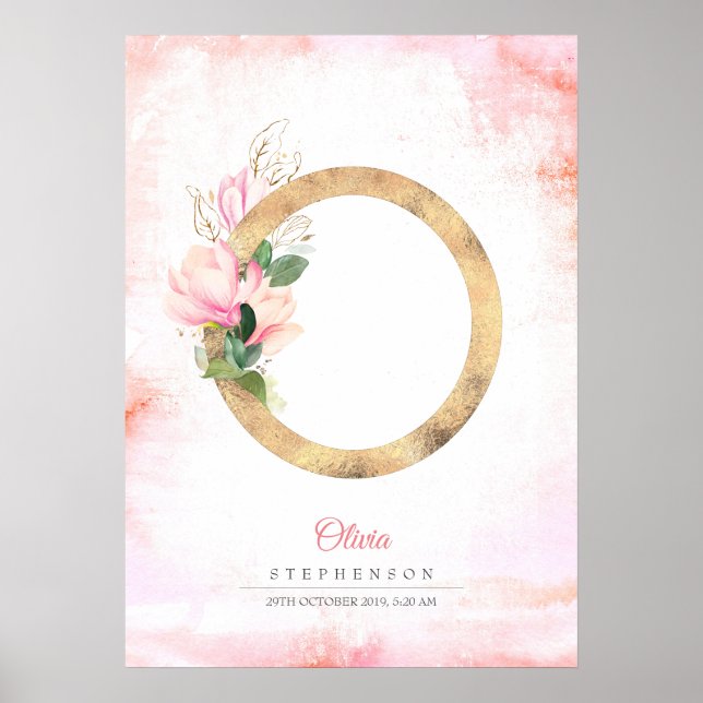 Affiche Monogramme de lettre O en or feuilles de magnolia  (Devant)