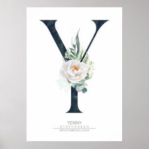 Affiche Monogramme de lettre Y Fleurs blanches et verdure