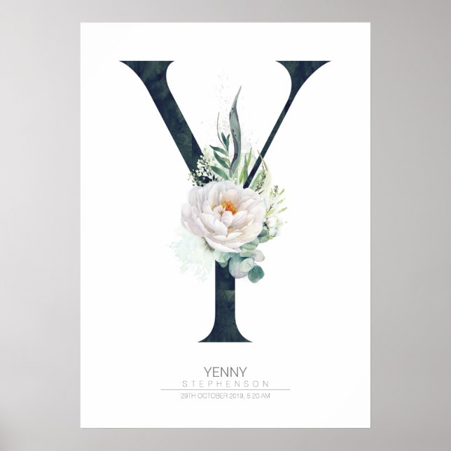 Affiche Monogramme de lettre Y Fleurs blanches et verdure (Devant)