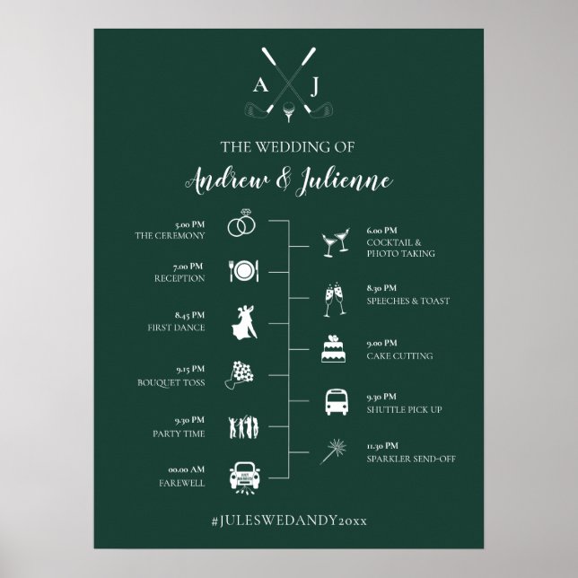 Affiche Monogramme de Mariage de golf Emerald Green (Devant)
