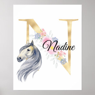 Affiche Monogramme de nom personnalisé N avec cheval