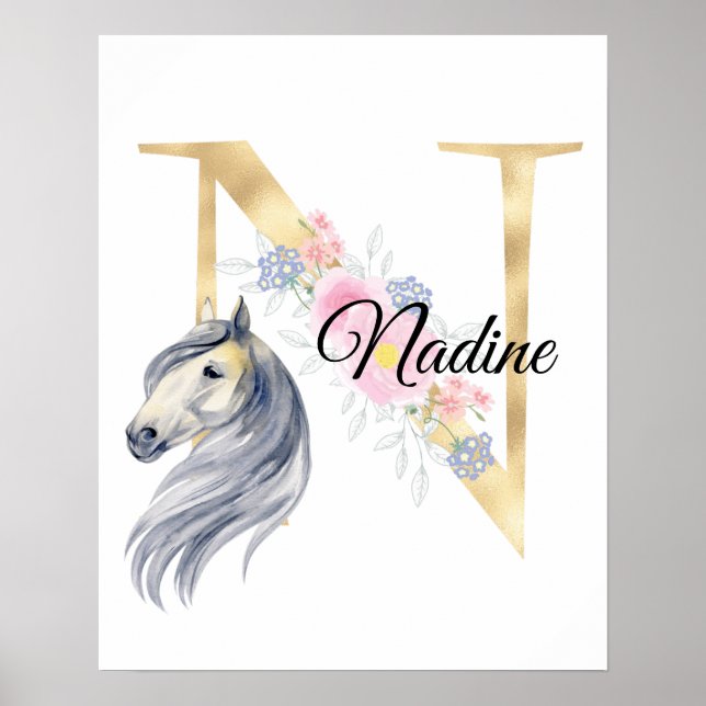 Affiche Monogramme de nom personnalisé N avec cheval (Devant)