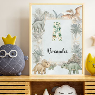 Affiche Monogramme de prénom personnalisé Dinosaure pour u
