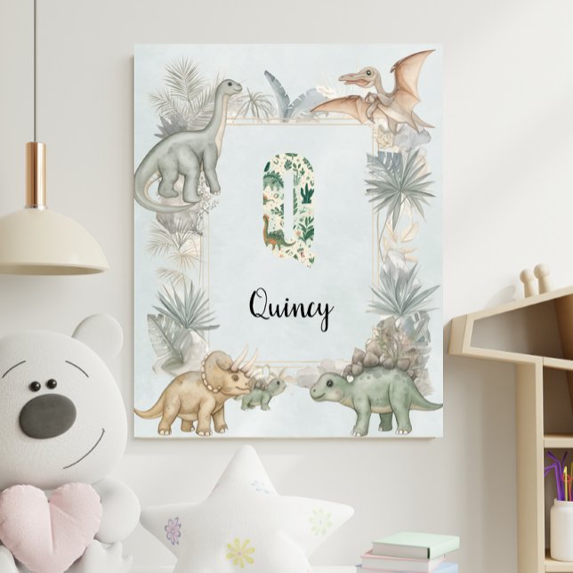Affiche Monogramme de prénom personnalisé Dinosaure Q Nurs (Créateur téléchargé)