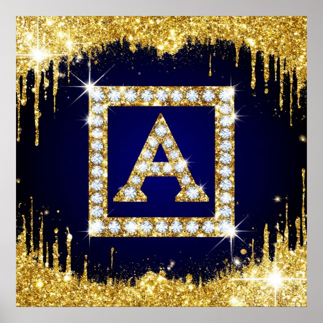 Affiche Monogramme doré initial A avec paillettes bleues (Devant)