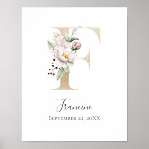 Affiche Monogramme F Rose Blanc Floral Lettre Orée Nurseri